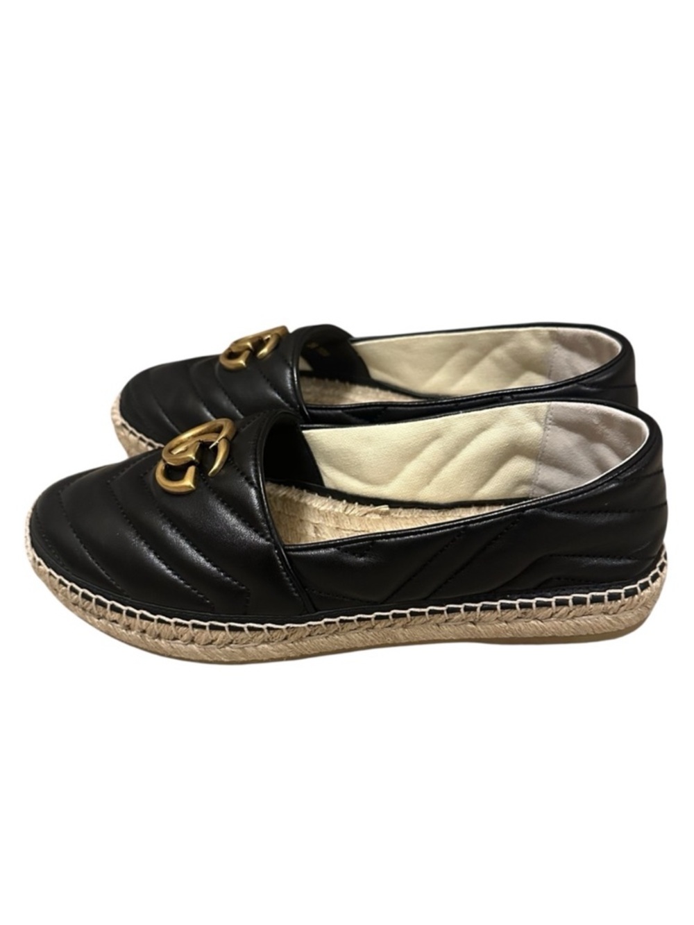 NWT GUCCI Charlotte GG Black Quilted Leather Espadrille Flats EU 8 - Picture 7 of 13